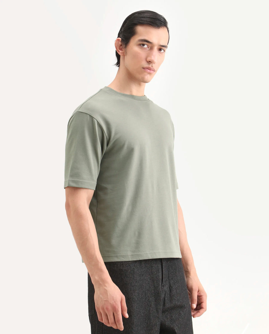 Rare Rabbit Men's Qlo-S26 Dusky Green Cotton Blend Fabric Half Sleeve Crew Neck Oversize Plain T-Shirt