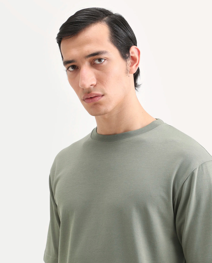 Rare Rabbit Men's Qlo-S26 Dusky Green Cotton Blend Fabric Half Sleeve Crew Neck Oversize Plain T-Shirt