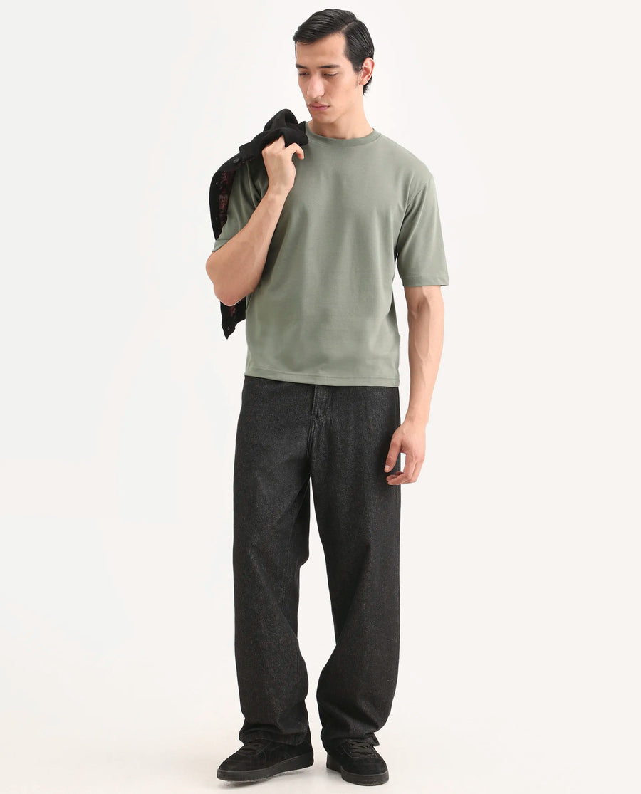 Rare Rabbit Men's Qlo-S26 Dusky Green Cotton Blend Fabric Half Sleeve Crew Neck Oversize Plain T-Shirt