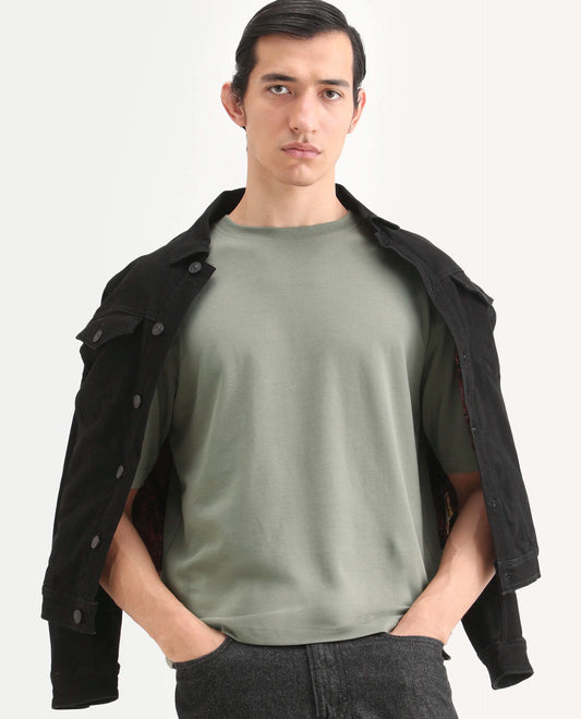 Rare Rabbit Men's Qlo-S26 Dusky Green Cotton Blend Fabric Half Sleeve Crew Neck Oversize Plain T-Shirt