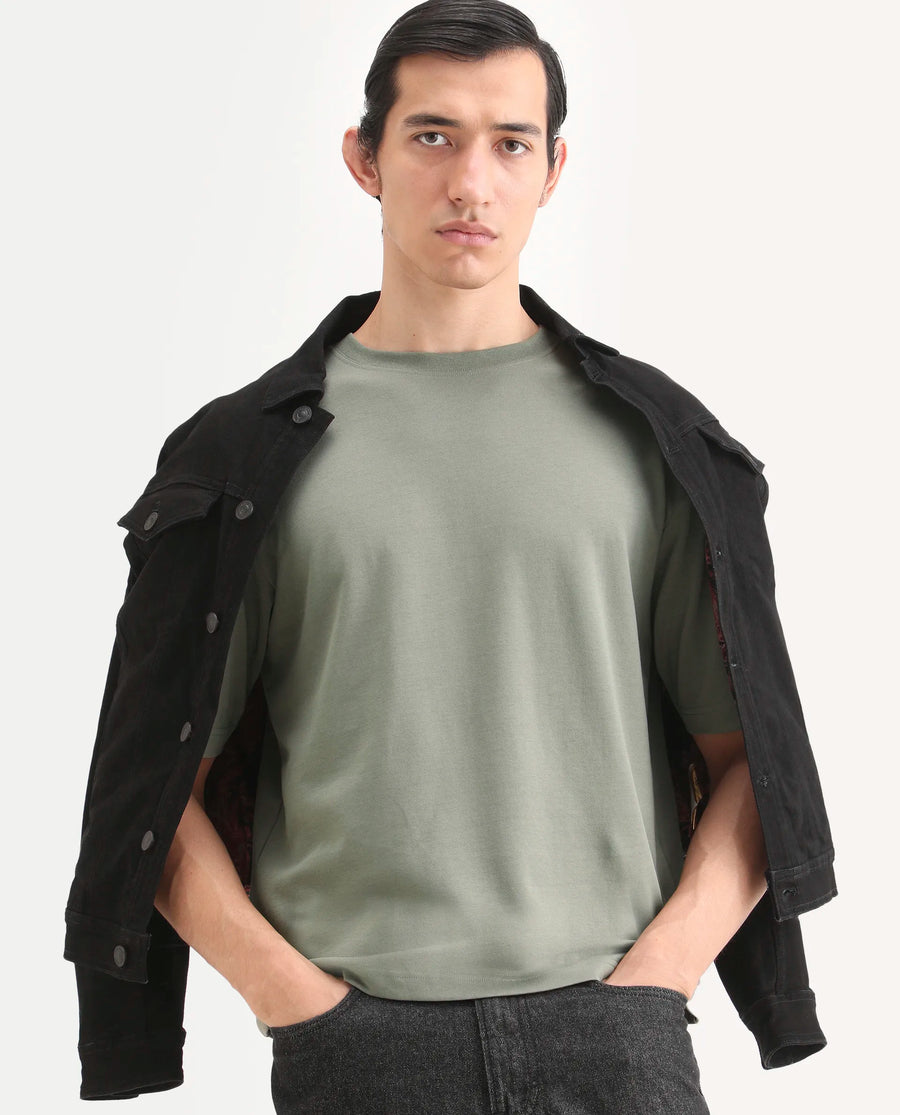 Rare Rabbit Men's Qlo-S26 Dusky Green Cotton Blend Fabric Half Sleeve Crew Neck Oversize Plain T-Shirt