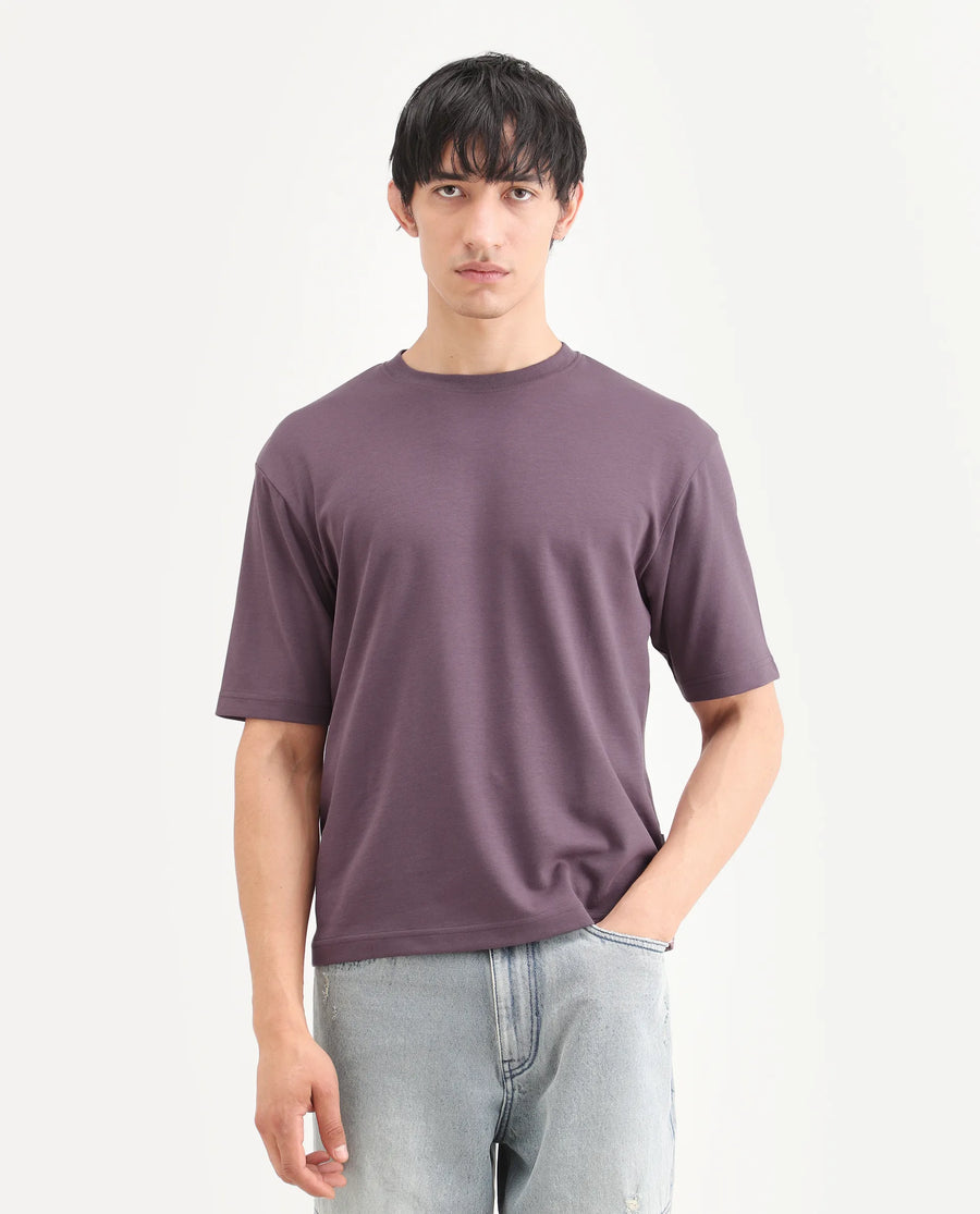 Rare Rabbit Men's Qlo-S26 Dusky Pink Cotton Blend Fabric Half Sleeve Crew Neck Oversize Plain T-Shirt