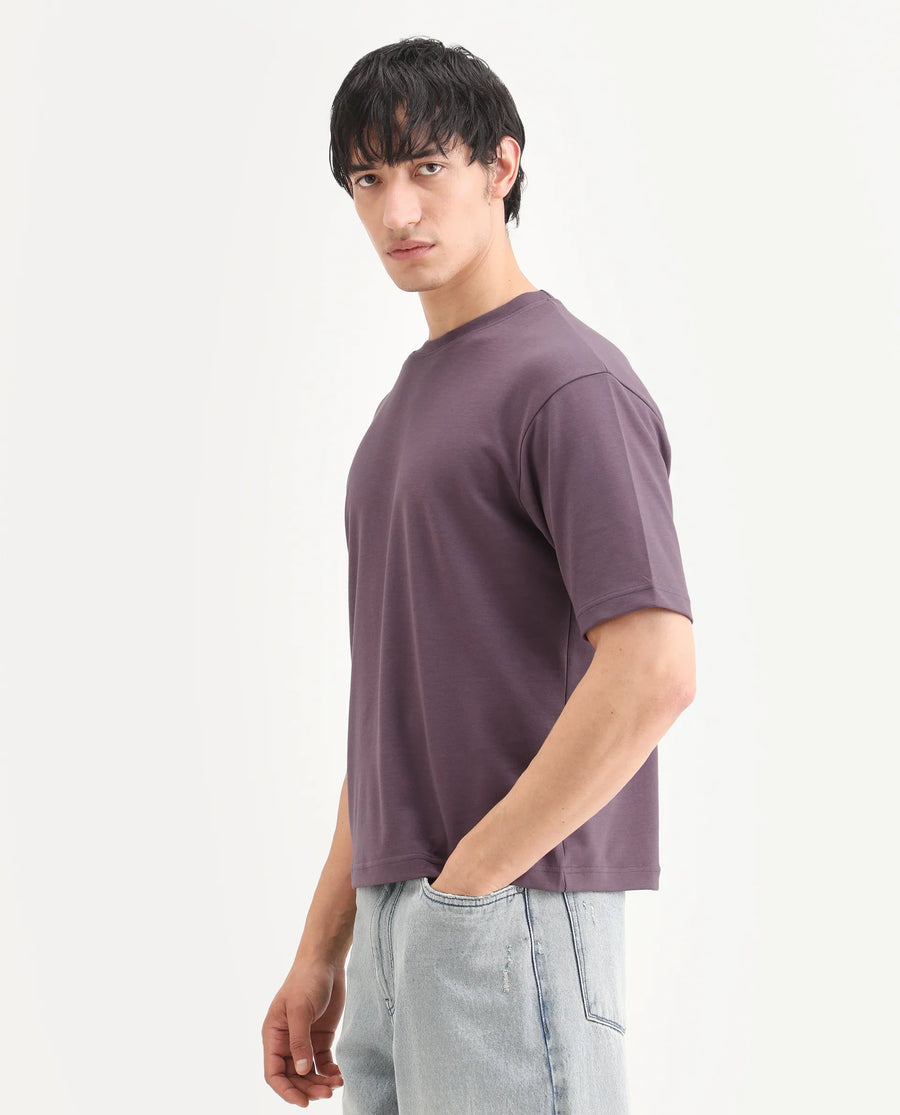 Rare Rabbit Men's Qlo-S26 Dusky Pink Cotton Blend Fabric Half Sleeve Crew Neck Oversize Plain T-Shirt