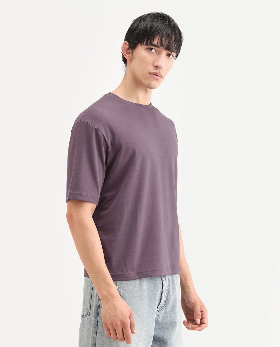 Rare Rabbit Men's Qlo-S26 Dusky Pink Cotton Blend Fabric Half Sleeve Crew Neck Oversize Plain T-Shirt