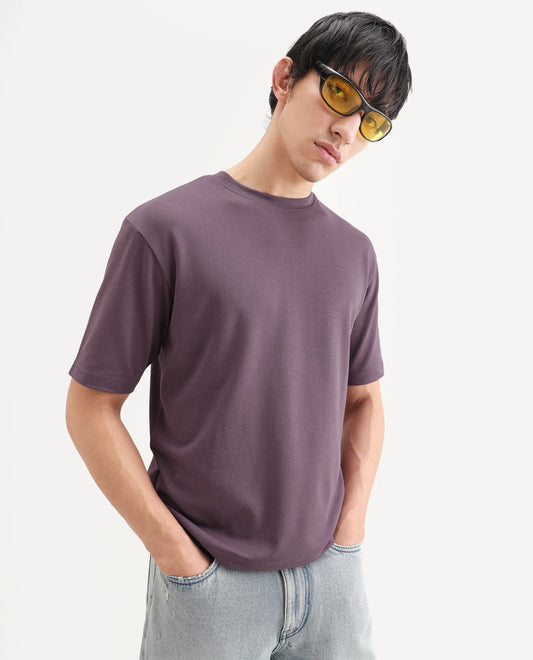 Rare Rabbit Men's Qlo-S26 Dusky Pink Cotton Blend Fabric Half Sleeve Crew Neck Oversize Plain T-Shirt