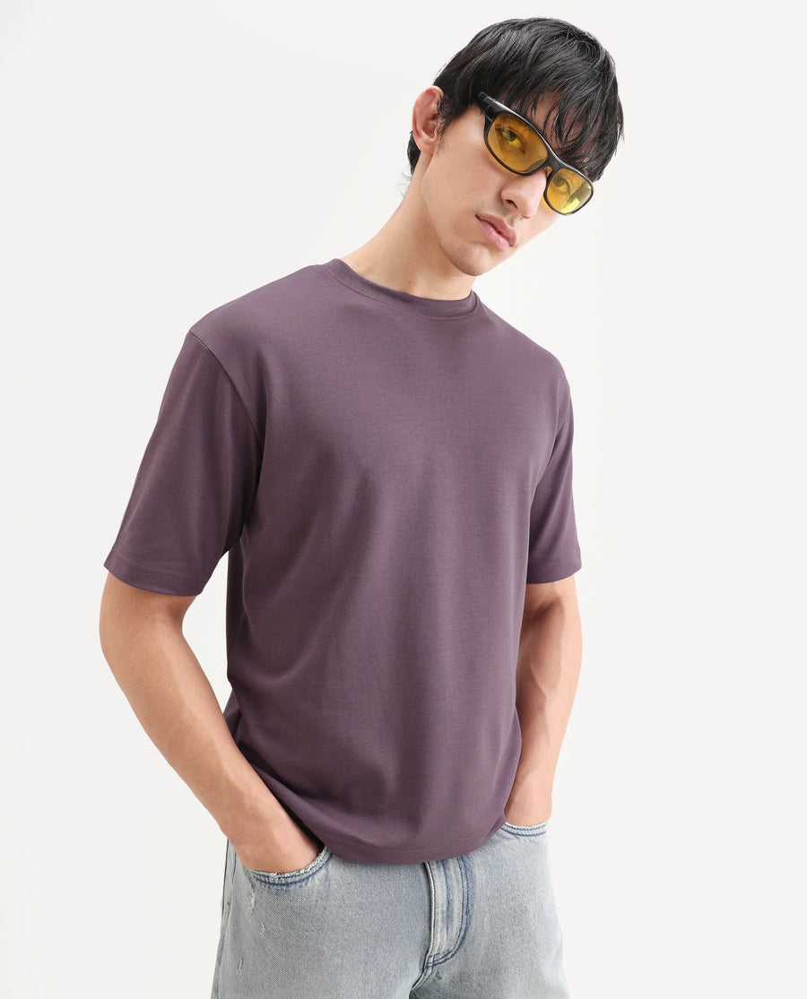 Rare Rabbit Men's Qlo-S26 Dusky Pink Cotton Blend Fabric Half Sleeve Crew Neck Oversize Plain T-Shirt