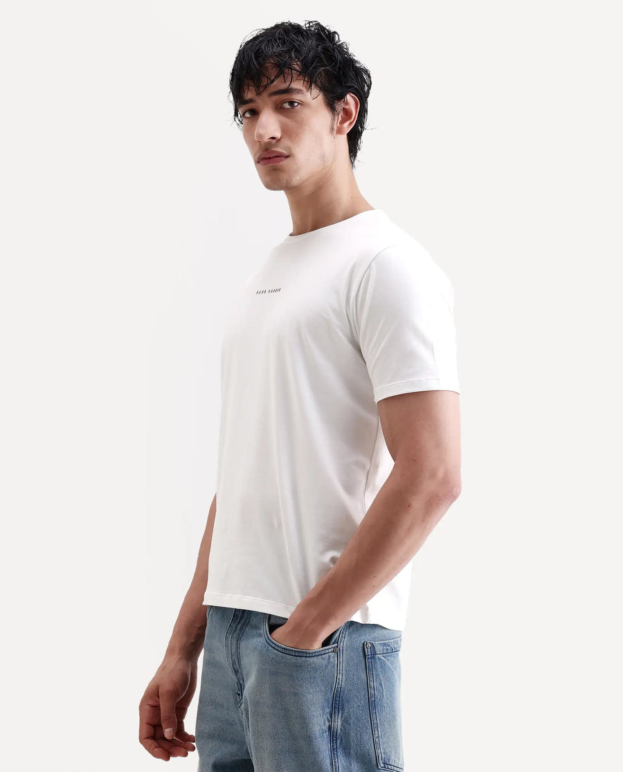 Rare Rabbit Men's Rabbit-S26 White Cotton Blend Fabric Half Sleeve Crew Neck Regular Fit Plain T-Shirt