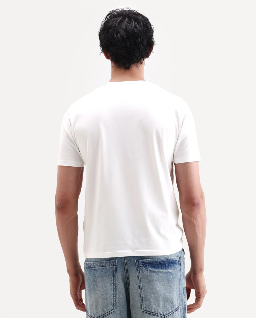 Rare Rabbit Men's Rabbit-S26 White Cotton Blend Fabric Half Sleeve Crew Neck Regular Fit Plain T-Shirt