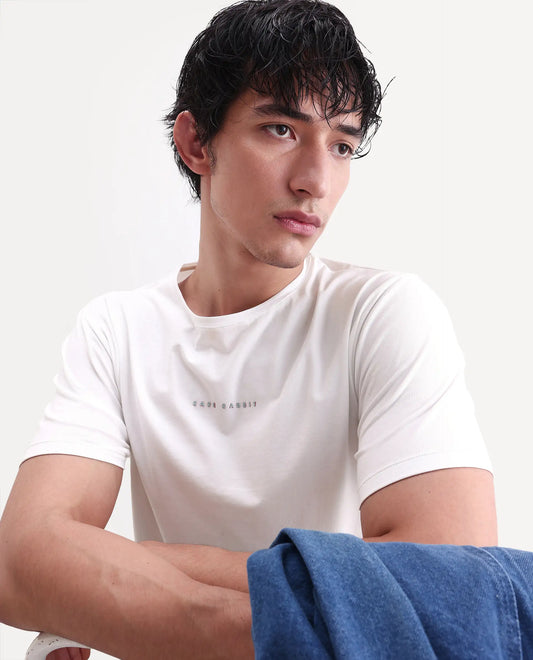 Rare Rabbit Men's Rabbit-S26 White Cotton Blend Fabric Half Sleeve Crew Neck Regular Fit Plain T-Shirt
