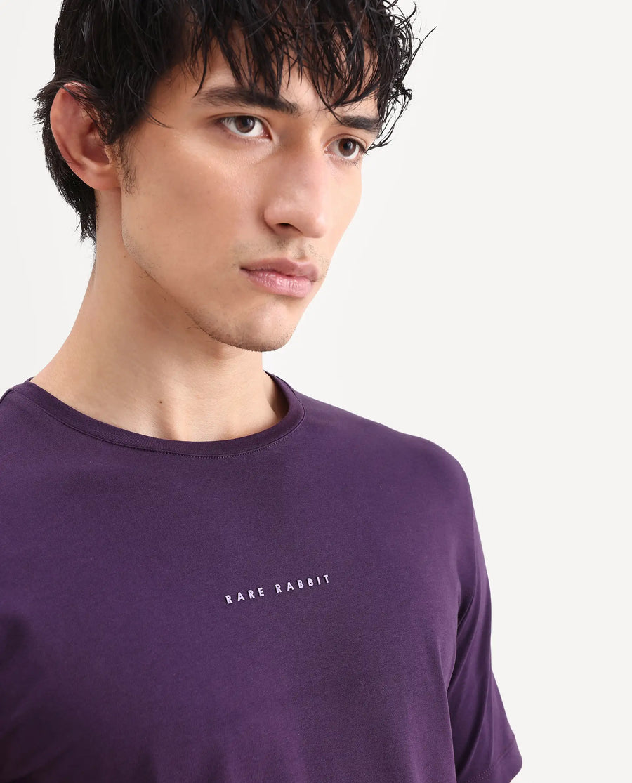 Rare Rabbit Men's Rabbit-S26 Dark Purple Cotton Blend Fabric Half Sleeve Crew Neck Regular Fit Plain T-Shirt