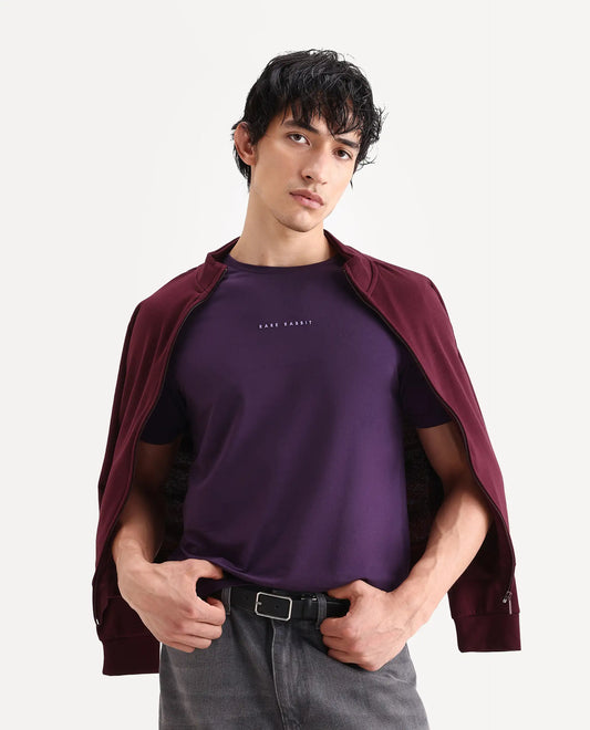 Rare Rabbit Men's Rabbit-S26 Dark Purple Cotton Blend Fabric Half Sleeve Crew Neck Regular Fit Plain T-Shirt