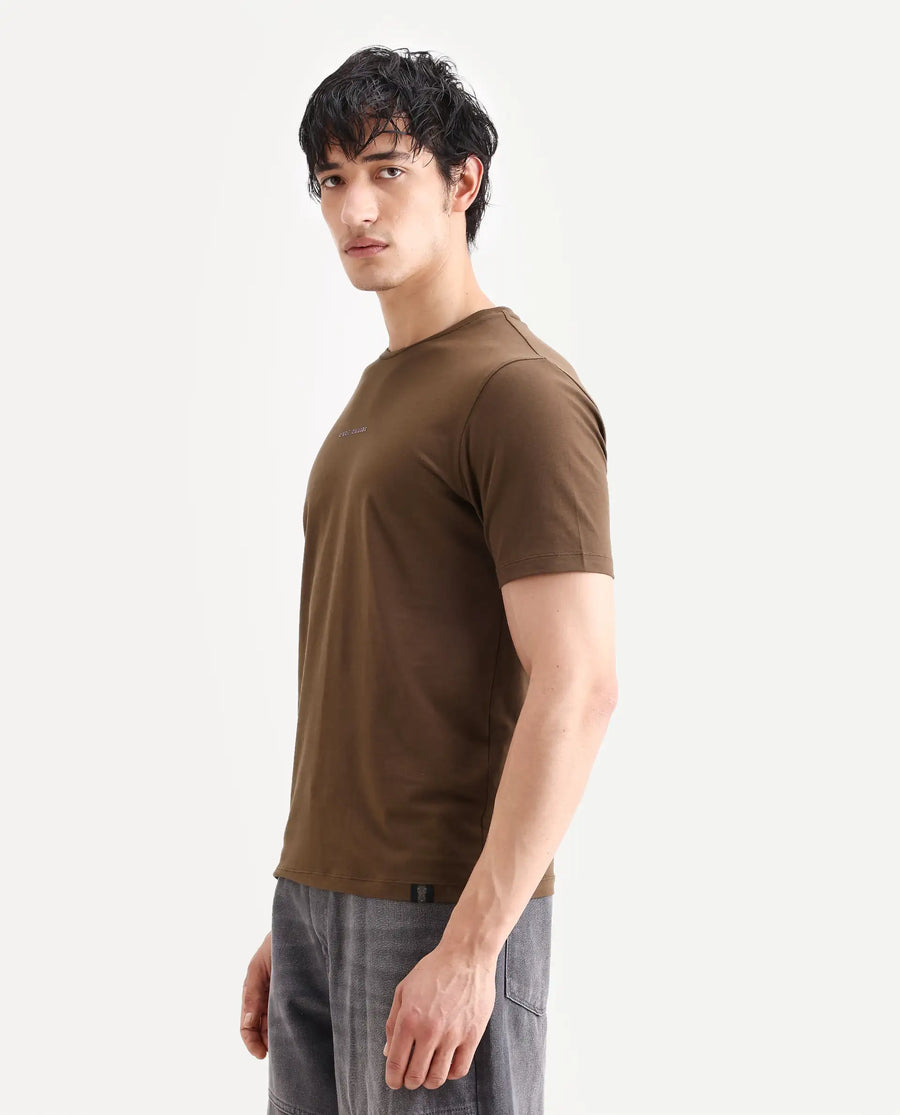 Rare Rabbit Men's Rabbit-S26 Brown Cotton Blend Fabric Half Sleeve Crew Neck Regular Fit Plain T-Shirt