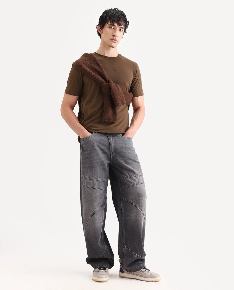 Rare Rabbit Men's Rabbit-S26 Brown Cotton Blend Fabric Half Sleeve Crew Neck Regular Fit Plain T-Shirt