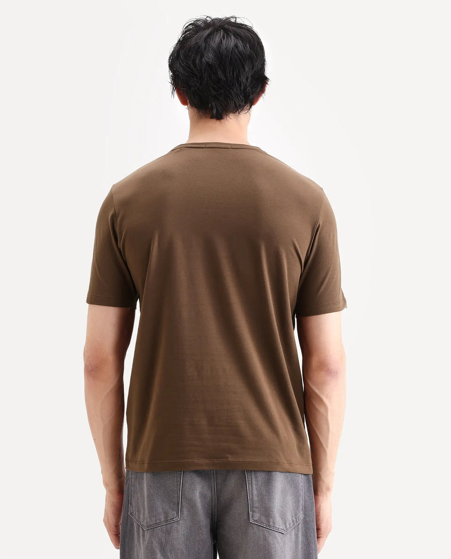 Rare Rabbit Men's Rabbit-S26 Brown Cotton Blend Fabric Half Sleeve Crew Neck Regular Fit Plain T-Shirt