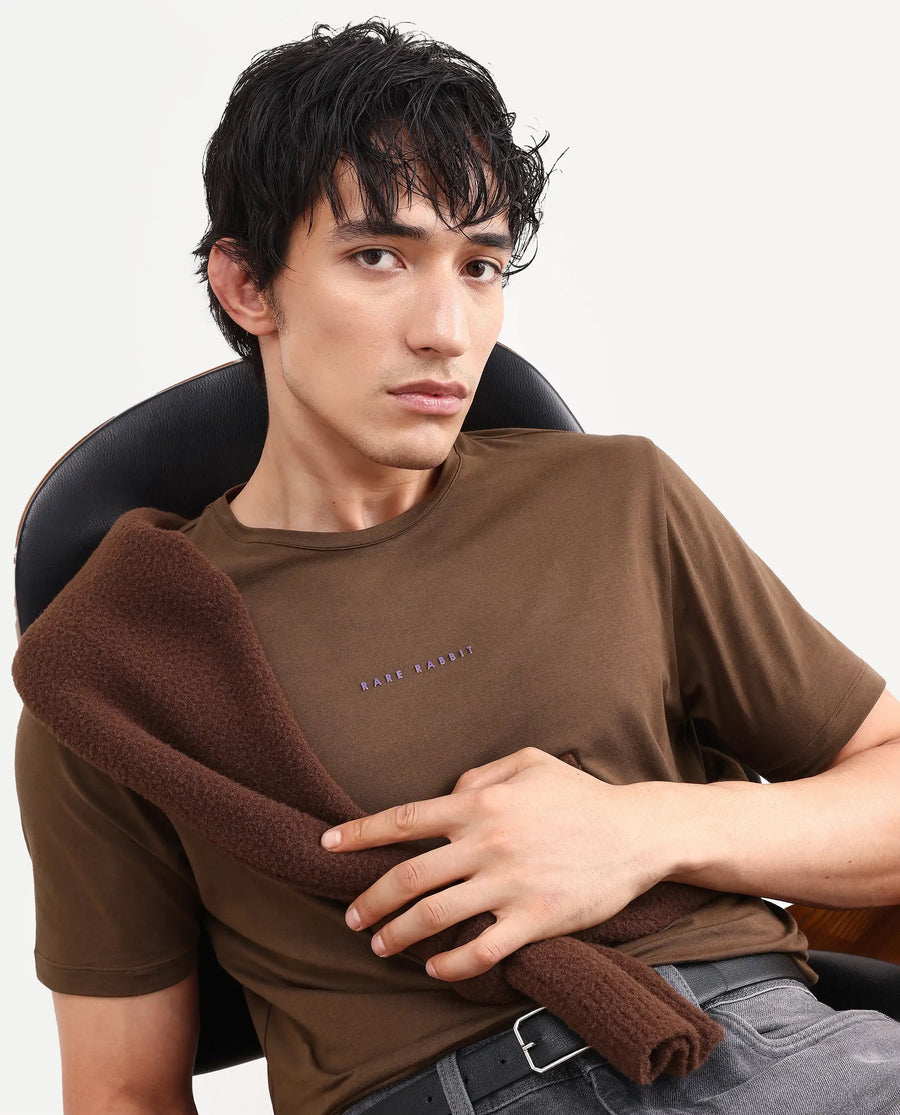 Rare Rabbit Men's Rabbit-S26 Brown Cotton Blend Fabric Half Sleeve Crew Neck Regular Fit Plain T-Shirt