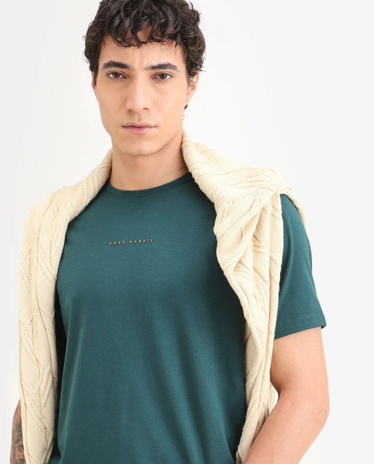 Rare Rabbit Men's Rabbit-S26 Dark Green Cotton Blend Fabric Half Sleeve Crew Neck Regular Fit Plain T-Shirt