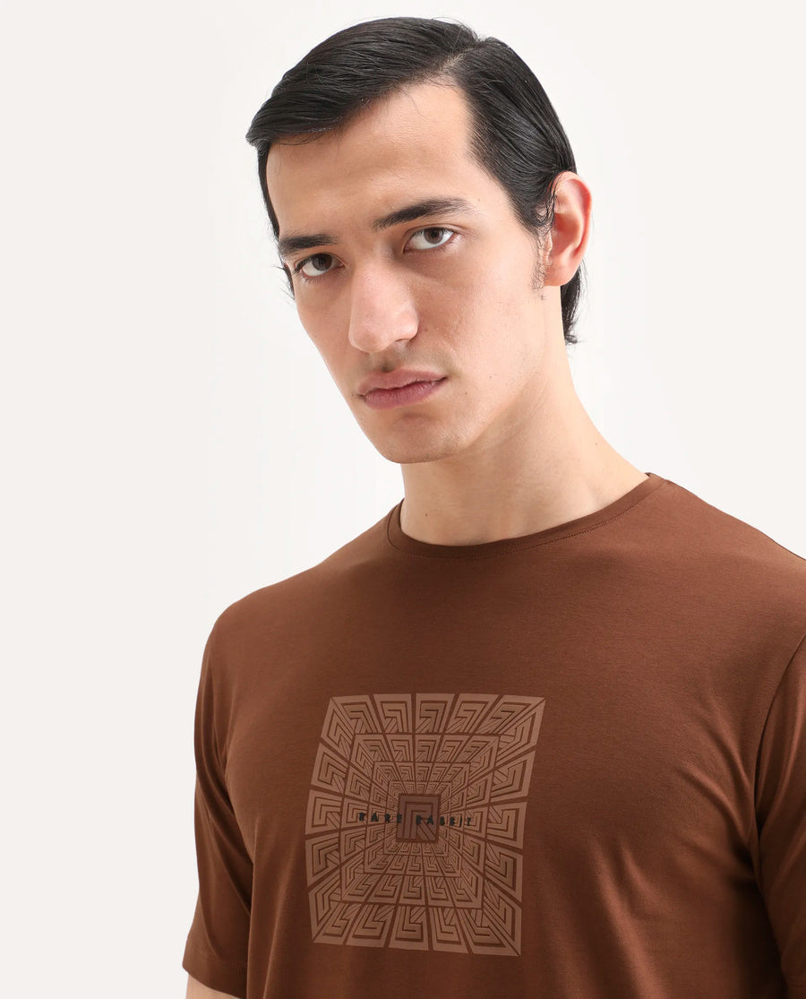 Rare Rabbit Men's Rapo Pastel Rust Cotton Blend Fabric Half Sleeve Crew Neck Regular Fit Graphic Print T-Shirt