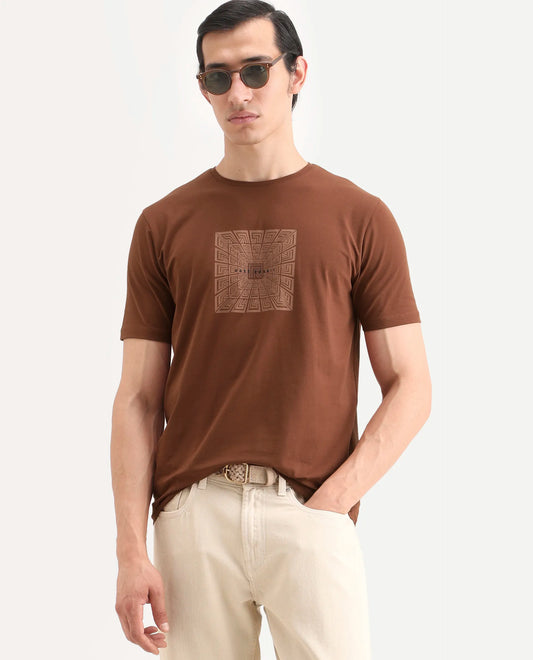 Rare Rabbit Men's Rapo Pastel Rust Cotton Blend Fabric Half Sleeve Crew Neck Regular Fit Graphic Print T-Shirt