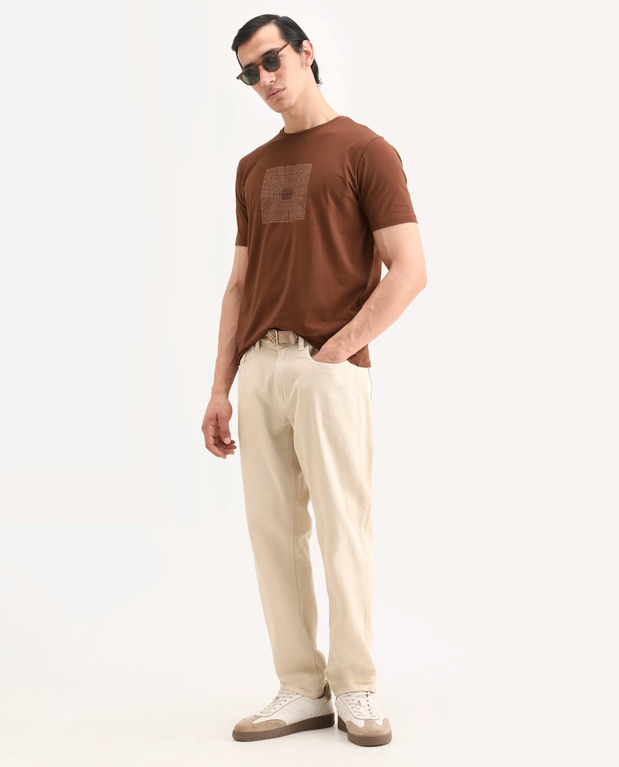 Rare Rabbit Men's Rapo Pastel Rust Cotton Blend Fabric Half Sleeve Crew Neck Regular Fit Graphic Print T-Shirt