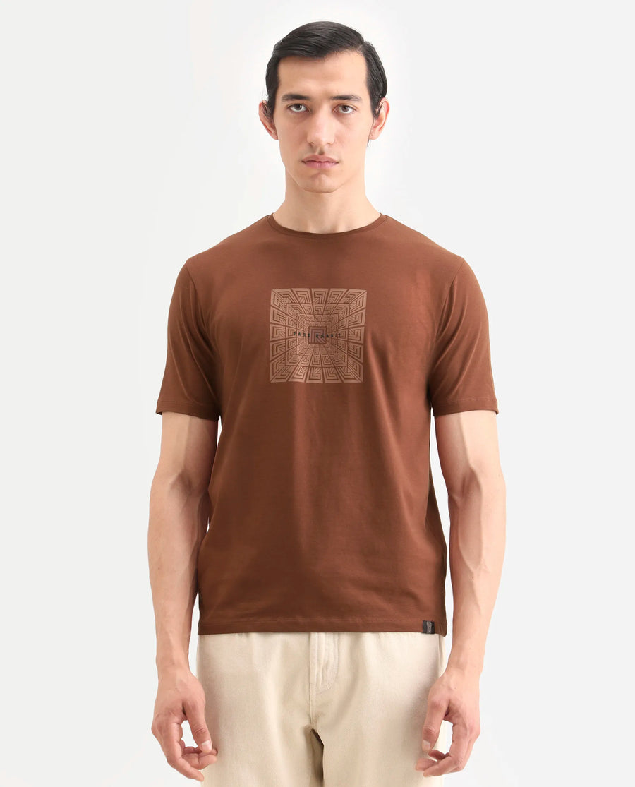Rare Rabbit Men's Rapo Pastel Rust Cotton Blend Fabric Half Sleeve Crew Neck Regular Fit Graphic Print T-Shirt