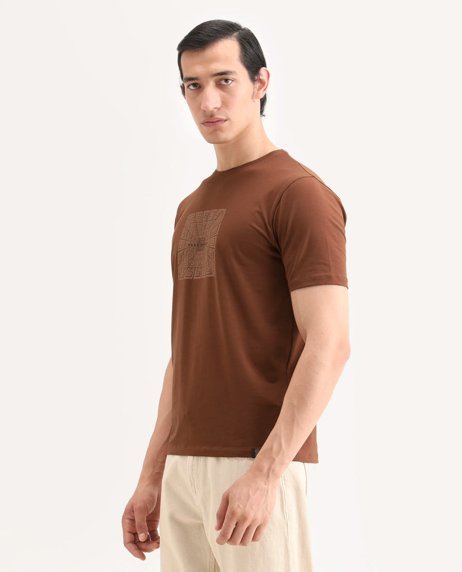 Rare Rabbit Men's Rapo Pastel Rust Cotton Blend Fabric Half Sleeve Crew Neck Regular Fit Graphic Print T-Shirt