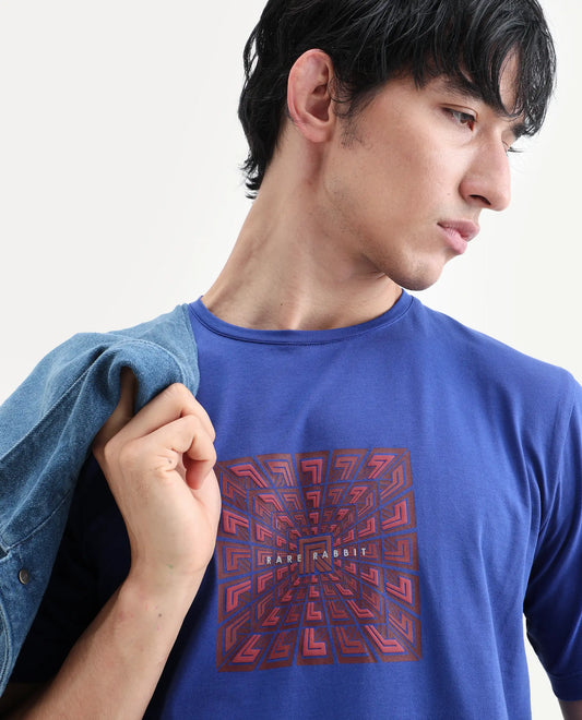Rare Rabbit Men's Rapo Flouroscent Blue Cotton Blend Fabric Half Sleeve Crew Neck Regular Fit Graphic Print T-Shirt
