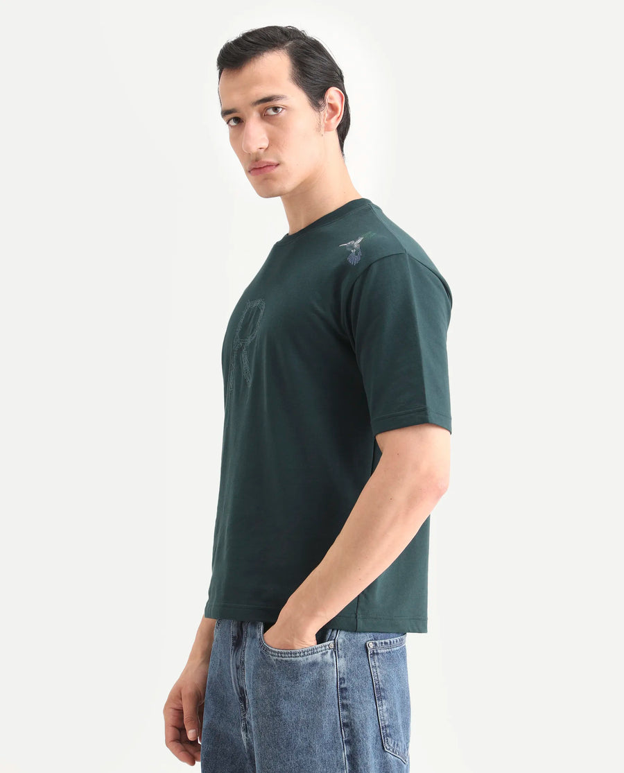 Rare Rabbit Men's Rapot Dusky Green Cotton Fabric Half Sleeve Crew Neck Oversize Fit Graphic Print T-Shirt