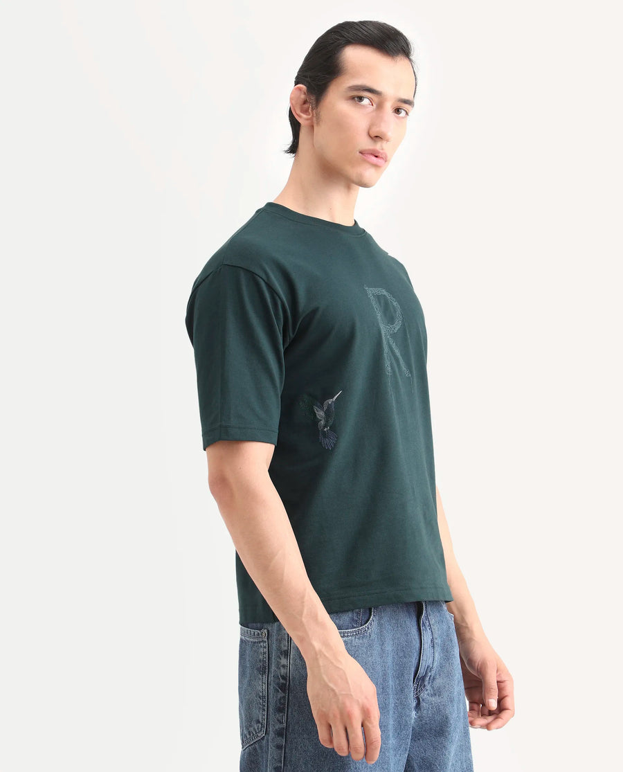 Rare Rabbit Men's Rapot Dusky Green Cotton Fabric Half Sleeve Crew Neck Oversize Fit Graphic Print T-Shirt