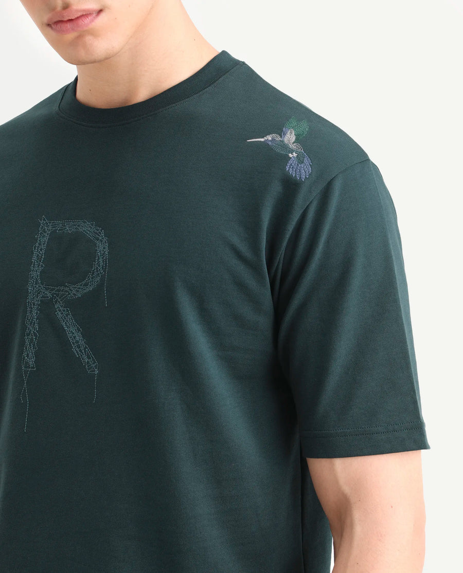 Rare Rabbit Men's Rapot Dusky Green Cotton Fabric Half Sleeve Crew Neck Oversize Fit Graphic Print T-Shirt