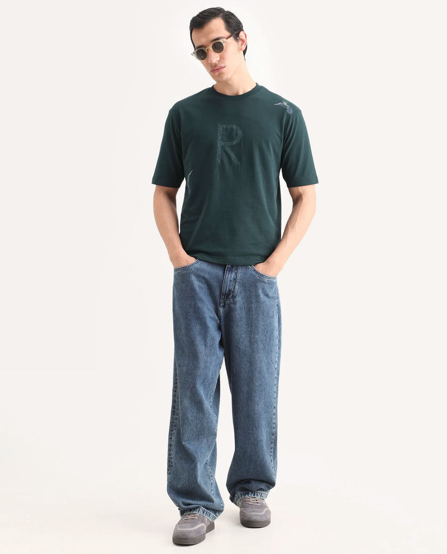 Rare Rabbit Men's Rapot Dusky Green Cotton Fabric Half Sleeve Crew Neck Oversize Fit Graphic Print T-Shirt