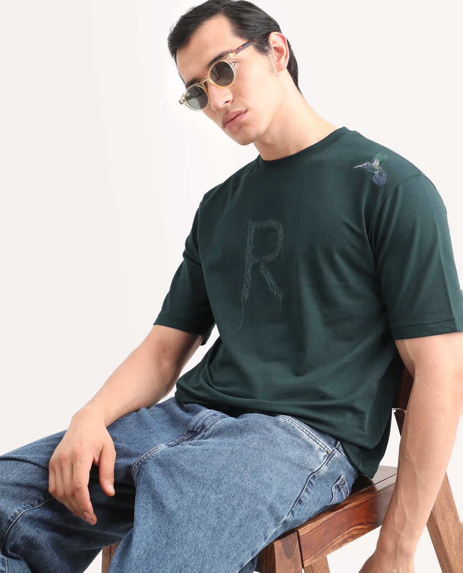 Rare Rabbit Men's Rapot Dusky Green Cotton Fabric Half Sleeve Crew Neck Oversize Fit Graphic Print T-Shirt