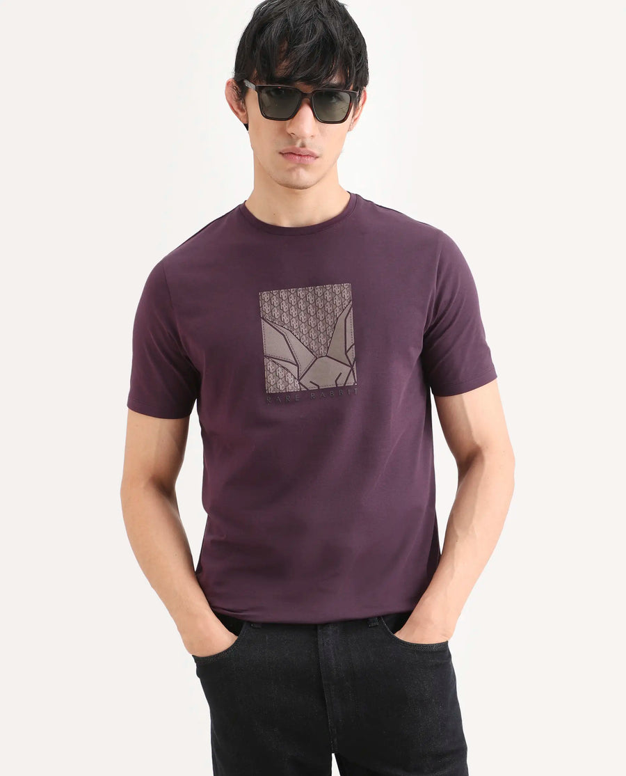 Rare Rabbit Men's Reg Dark Purple Cotton Blend Fabric Half Sleeve Crew Neck Regular Fit Graphic Print T-Shirt