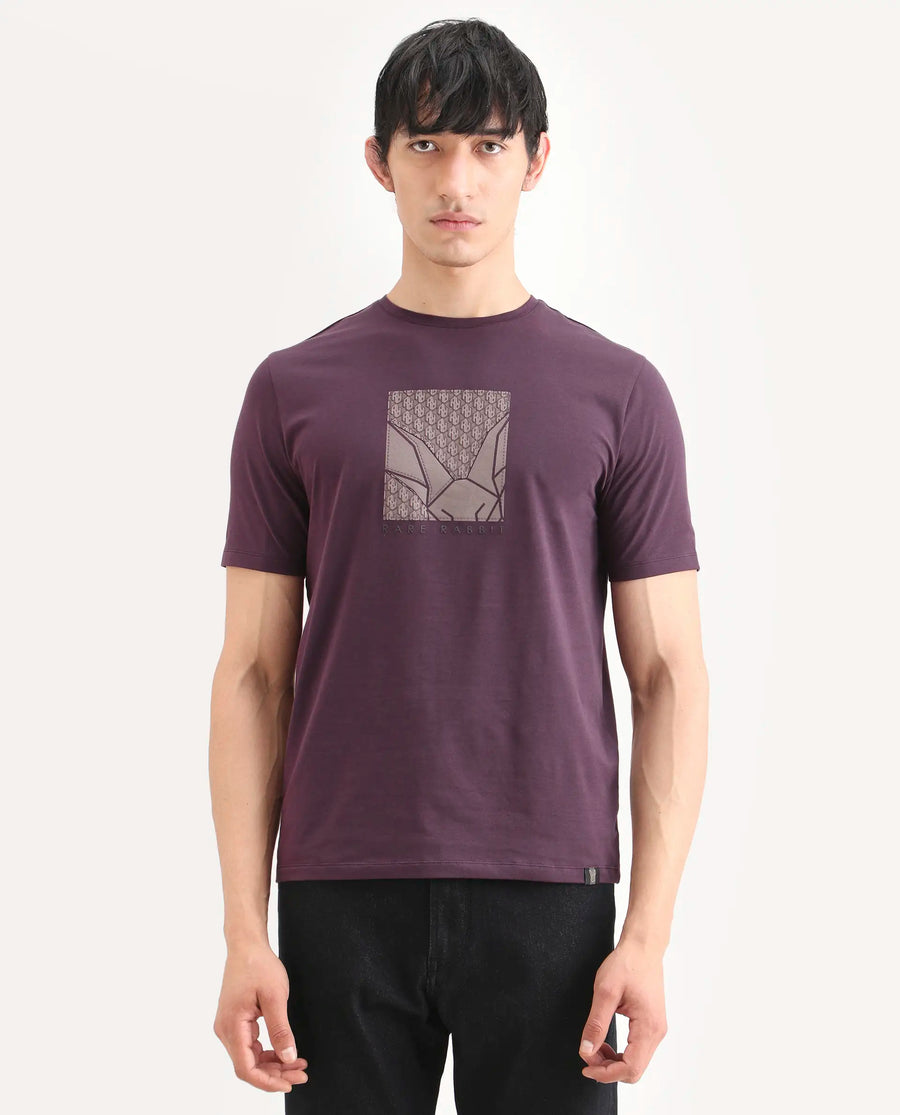 Rare Rabbit Men's Reg Dark Purple Cotton Blend Fabric Half Sleeve Crew Neck Regular Fit Graphic Print T-Shirt