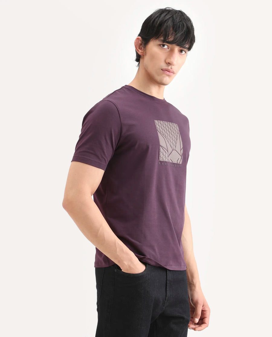 Rare Rabbit Men's Reg Dark Purple Cotton Blend Fabric Half Sleeve Crew Neck Regular Fit Graphic Print T-Shirt