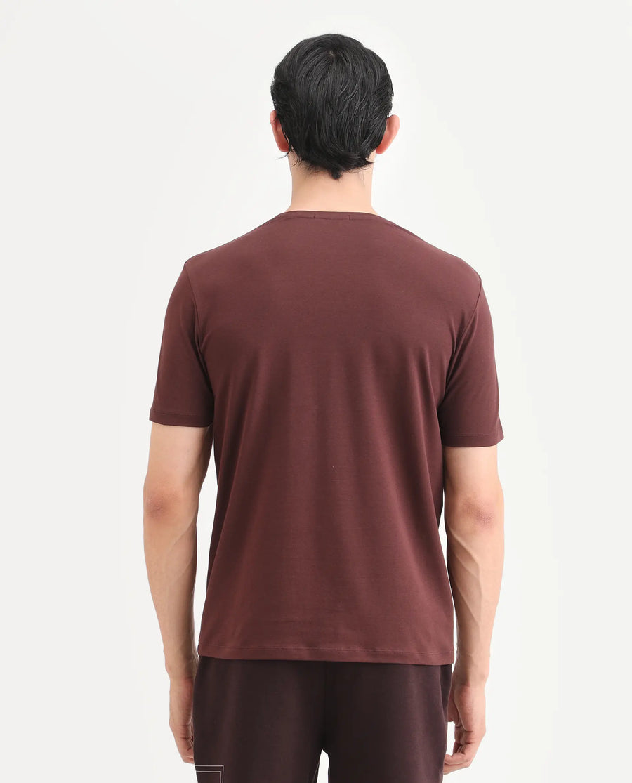 Rare Rabbit Men's Rivn Dusky Brown Cotton Blend Fabric Half Sleeve Crew Neck Regular Fit Graphic Print T-Shirt