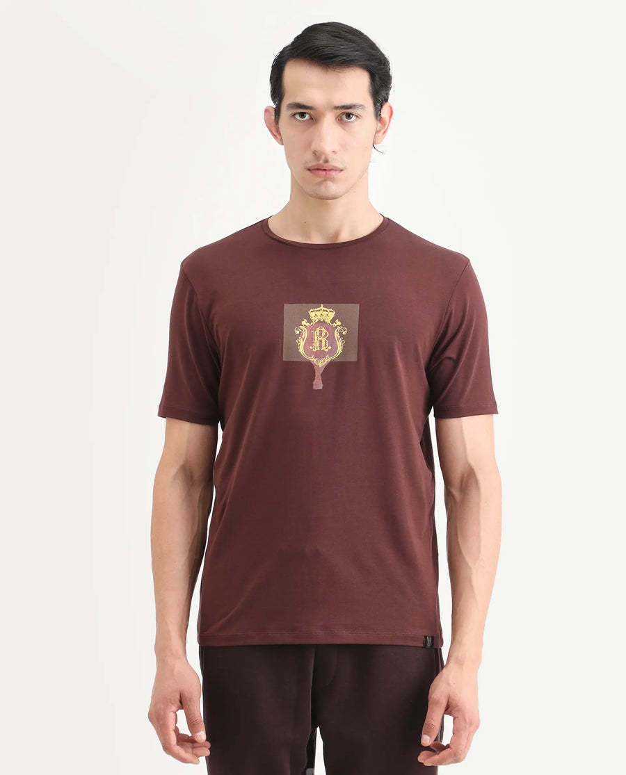 Rare Rabbit Men's Rivn Dusky Brown Cotton Blend Fabric Half Sleeve Crew Neck Regular Fit Graphic Print T-Shirt