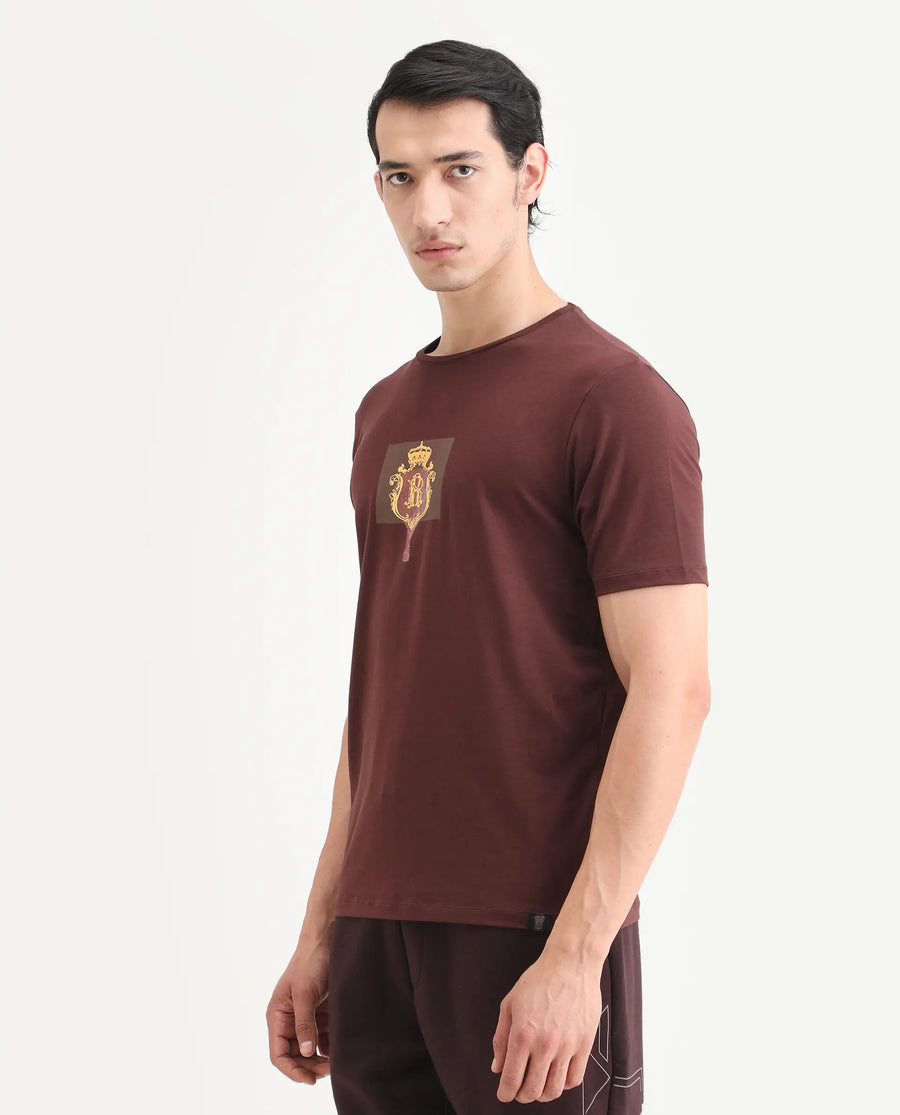 Rare Rabbit Men's Rivn Dusky Brown Cotton Blend Fabric Half Sleeve Crew Neck Regular Fit Graphic Print T-Shirt