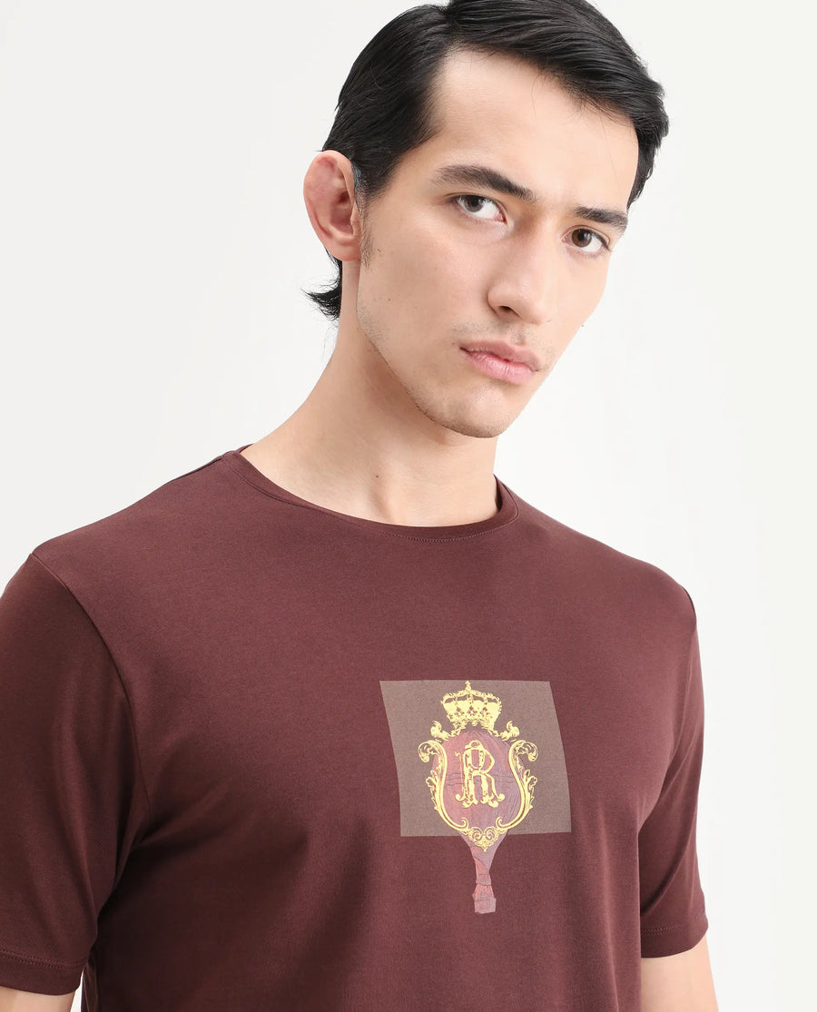 Rare Rabbit Men's Rivn Dusky Brown Cotton Blend Fabric Half Sleeve Crew Neck Regular Fit Graphic Print T-Shirt