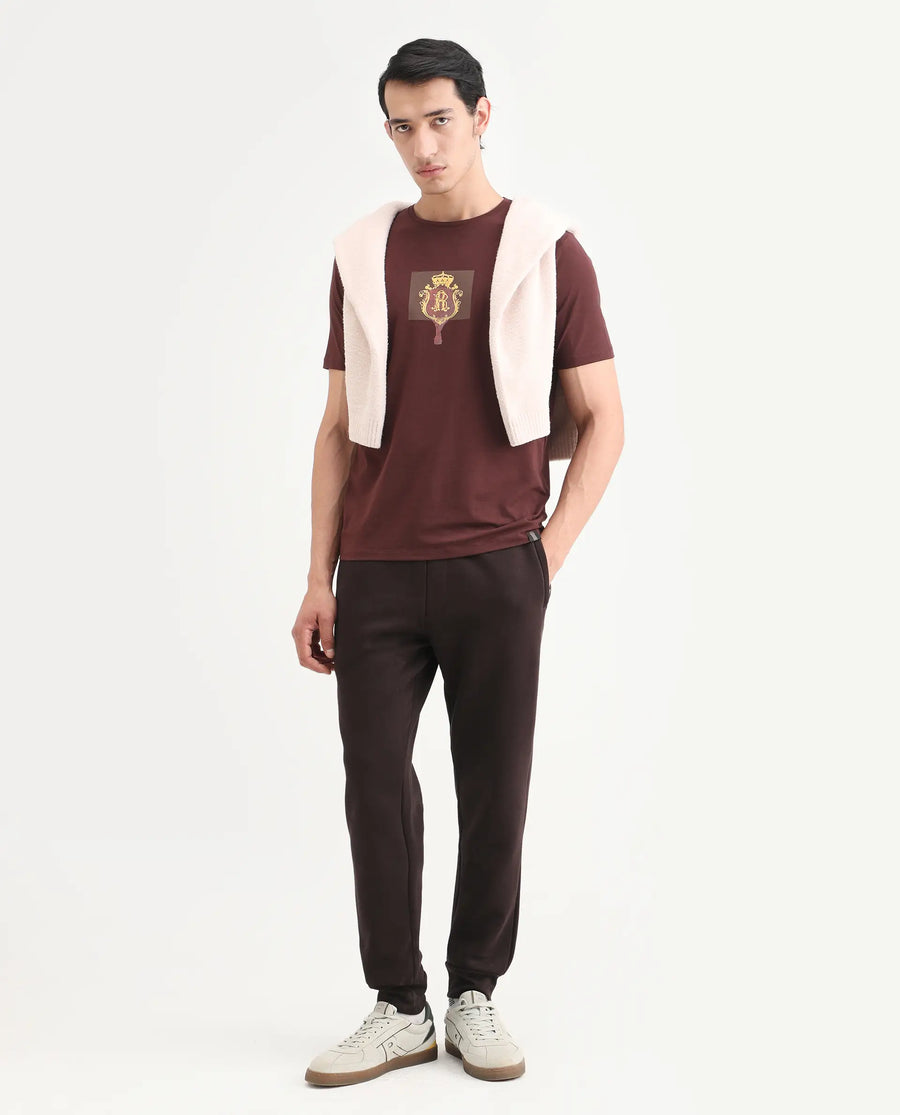 Rare Rabbit Men's Rivn Dusky Brown Cotton Blend Fabric Half Sleeve Crew Neck Regular Fit Graphic Print T-Shirt