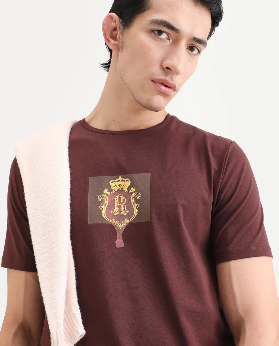 Rare Rabbit Men's Rivn Dusky Brown Cotton Blend Fabric Half Sleeve Crew Neck Regular Fit Graphic Print T-Shirt
