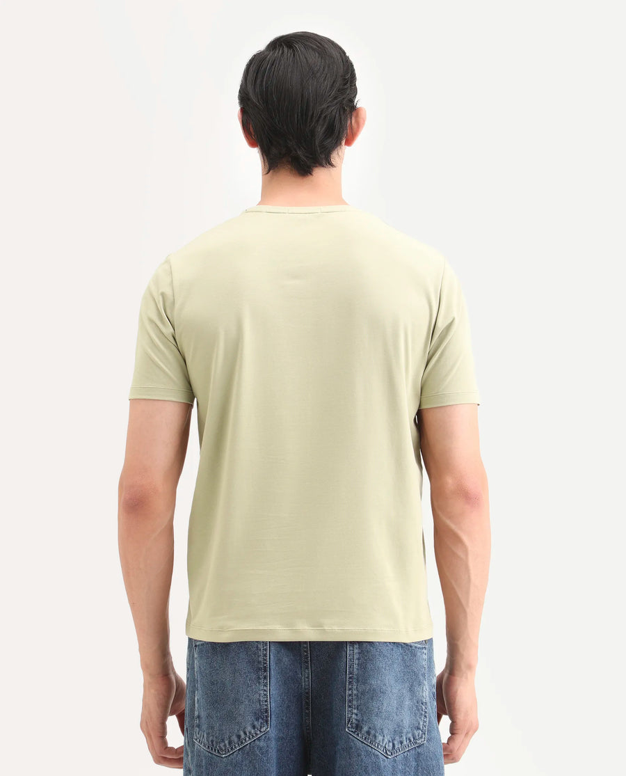 Rare Rabbit Men's Ront Light Green Cotton Blend Fabric Half Sleeve Crew Neck Regular Fit Graphic Print T-Shirt