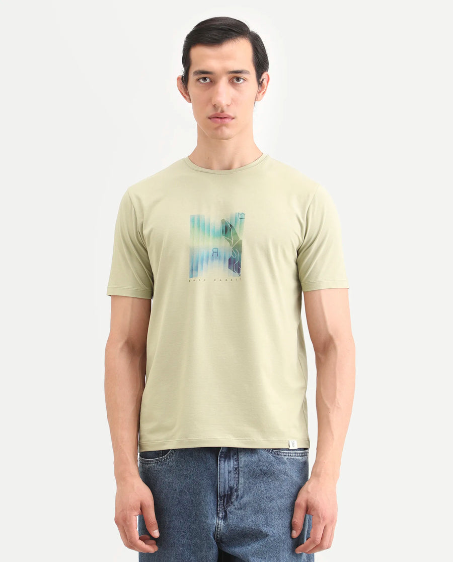 Rare Rabbit Men's Ront Light Green Cotton Blend Fabric Half Sleeve Crew Neck Regular Fit Graphic Print T-Shirt