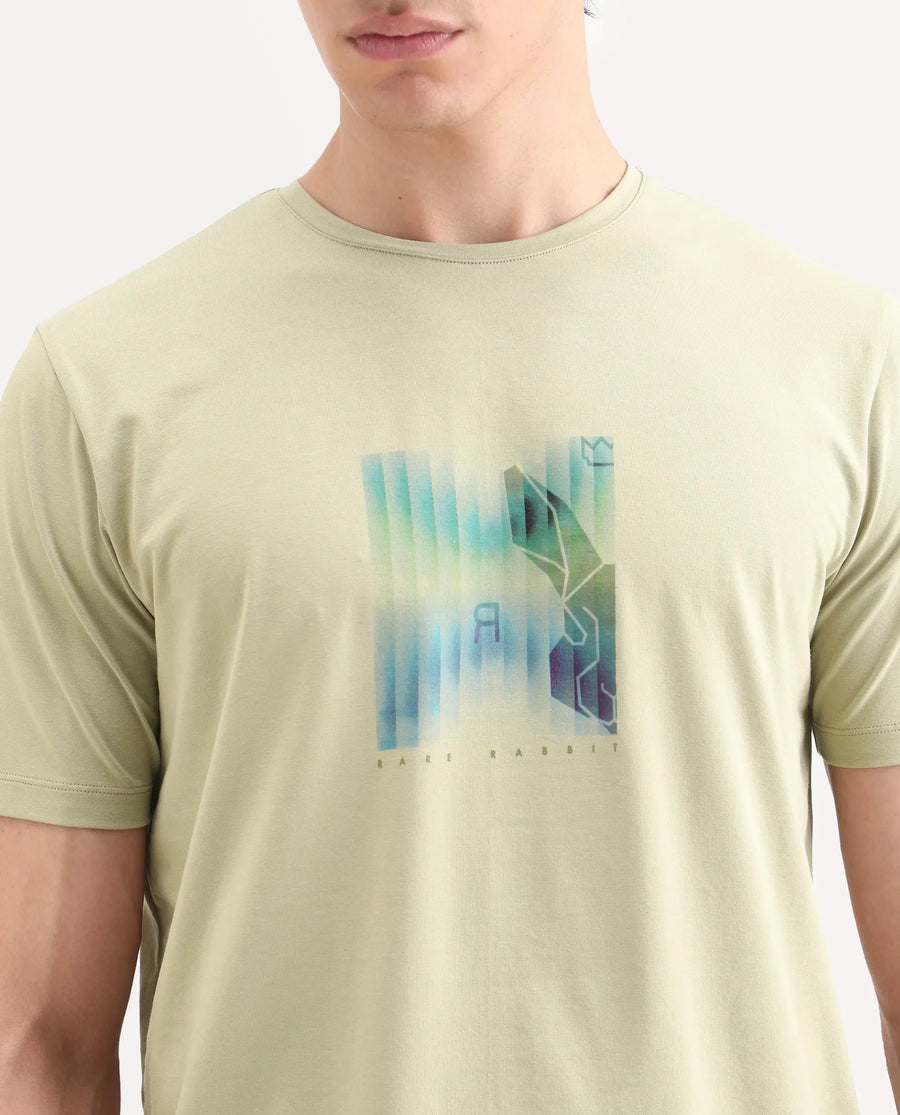 Rare Rabbit Men's Ront Light Green Cotton Blend Fabric Half Sleeve Crew Neck Regular Fit Graphic Print T-Shirt