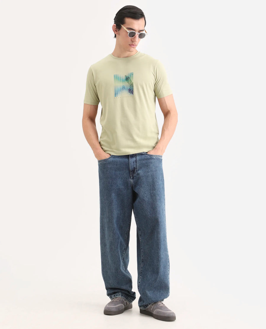 Rare Rabbit Men's Ront Light Green Cotton Blend Fabric Half Sleeve Crew Neck Regular Fit Graphic Print T-Shirt