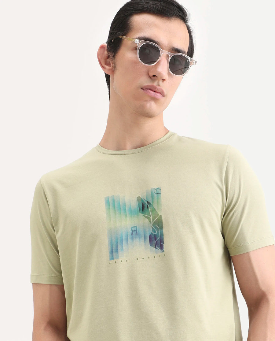 Rare Rabbit Men's Ront Light Green Cotton Blend Fabric Half Sleeve Crew Neck Regular Fit Graphic Print T-Shirt