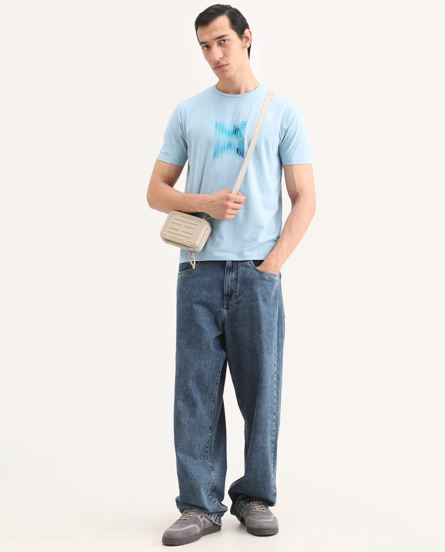 Rare Rabbit Men's Ront Light Blue Cotton Blend Fabric Half Sleeve Crew Neck Regular Fit Graphic Print T-Shirt