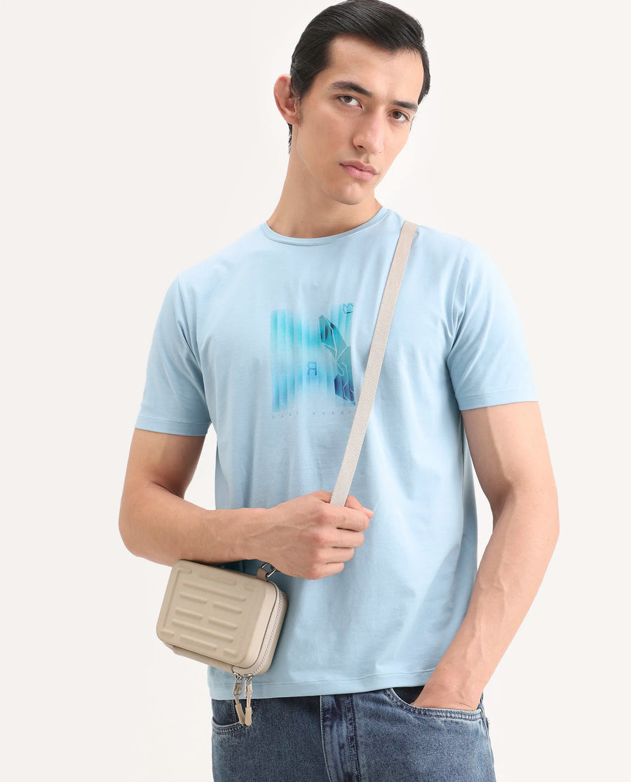 Rare Rabbit Men's Ront Light Blue Cotton Blend Fabric Half Sleeve Crew Neck Regular Fit Graphic Print T-Shirt