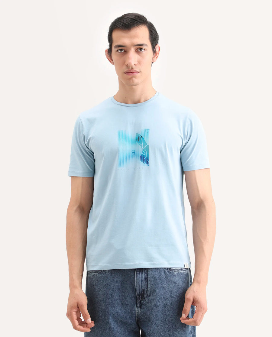 Rare Rabbit Men's Ront Light Blue Cotton Blend Fabric Half Sleeve Crew Neck Regular Fit Graphic Print T-Shirt