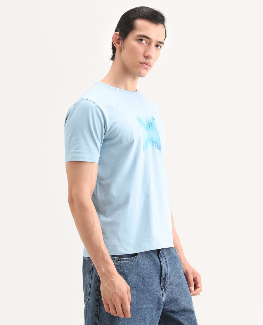 Rare Rabbit Men's Ront Light Blue Cotton Blend Fabric Half Sleeve Crew Neck Regular Fit Graphic Print T-Shirt