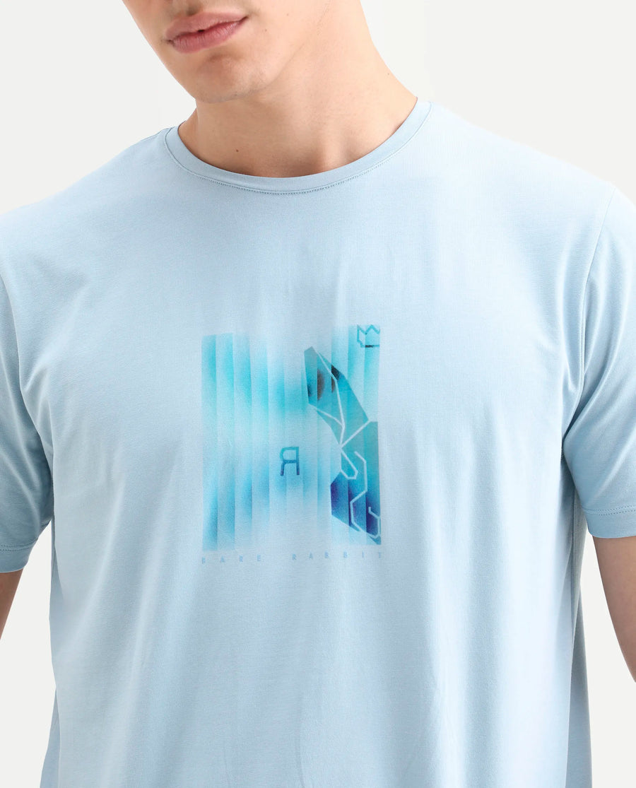 Rare Rabbit Men's Ront Light Blue Cotton Blend Fabric Half Sleeve Crew Neck Regular Fit Graphic Print T-Shirt